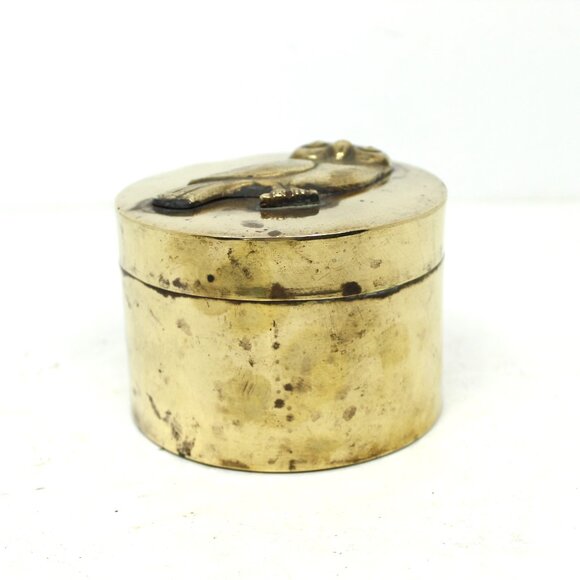 Brass Round Trinket Box with Raised Owl Motif on Lid, Jewelry Box Vintage MCM - Picture 2 of 8